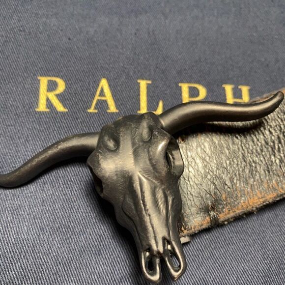 Ralph Lauren * Made in Italy Steer Head Black Distressed Calf Leather Belt - Picture 2 of 15